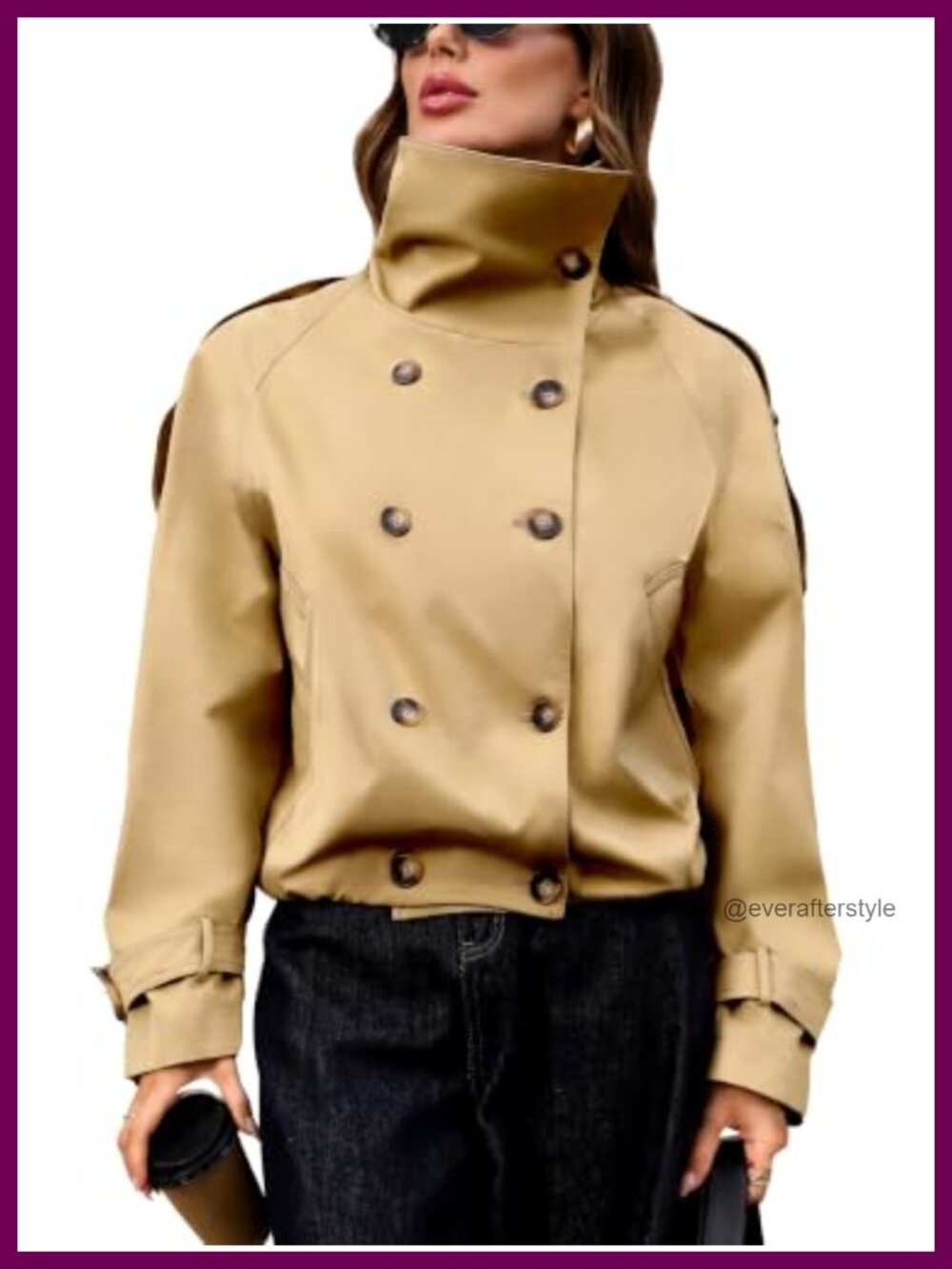 Cropped Trench Coat Women Funnel Neck Button Pockets Lined Outerwear